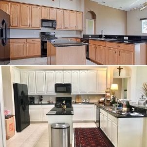 Two kitchen views: before and after, featuring wood and white cabinets, black countertops, and appliances.