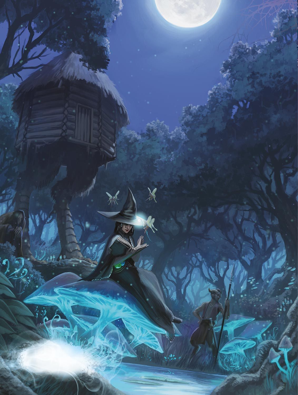 Witch conjures magic on glowing mushroom in moonlit forest, near a treehouse, a hooded figure watches.