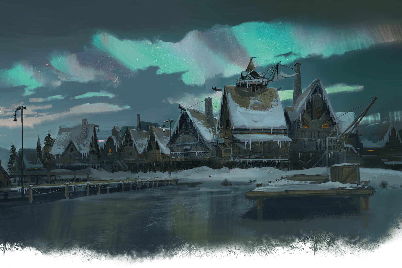 Snow-covered fishing village at night under the aurora borealis. Wooden buildings line a frozen harbor.