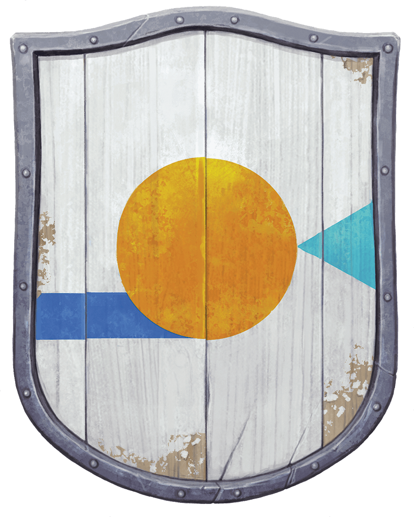 Shield with a large orange circle, a blue horizontal stripe, and a blue triangle on a white background.