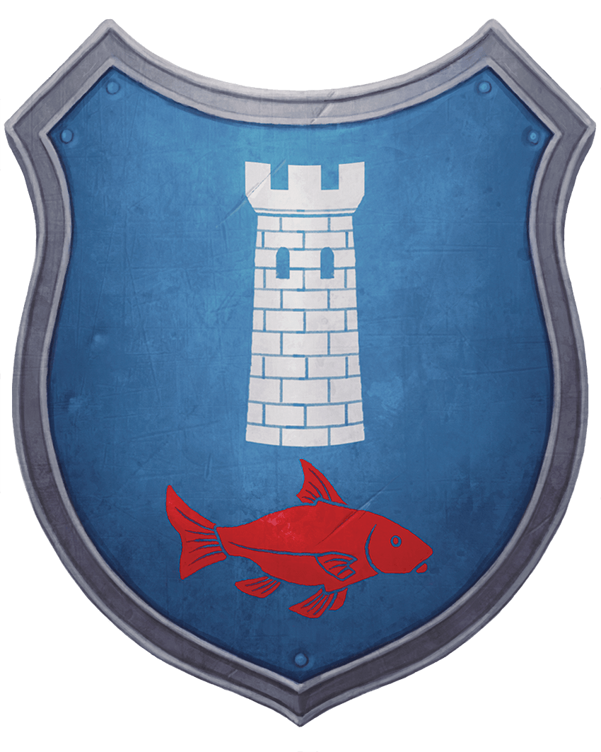 Blue shield with a white tower at the top, a red fish at the bottom.