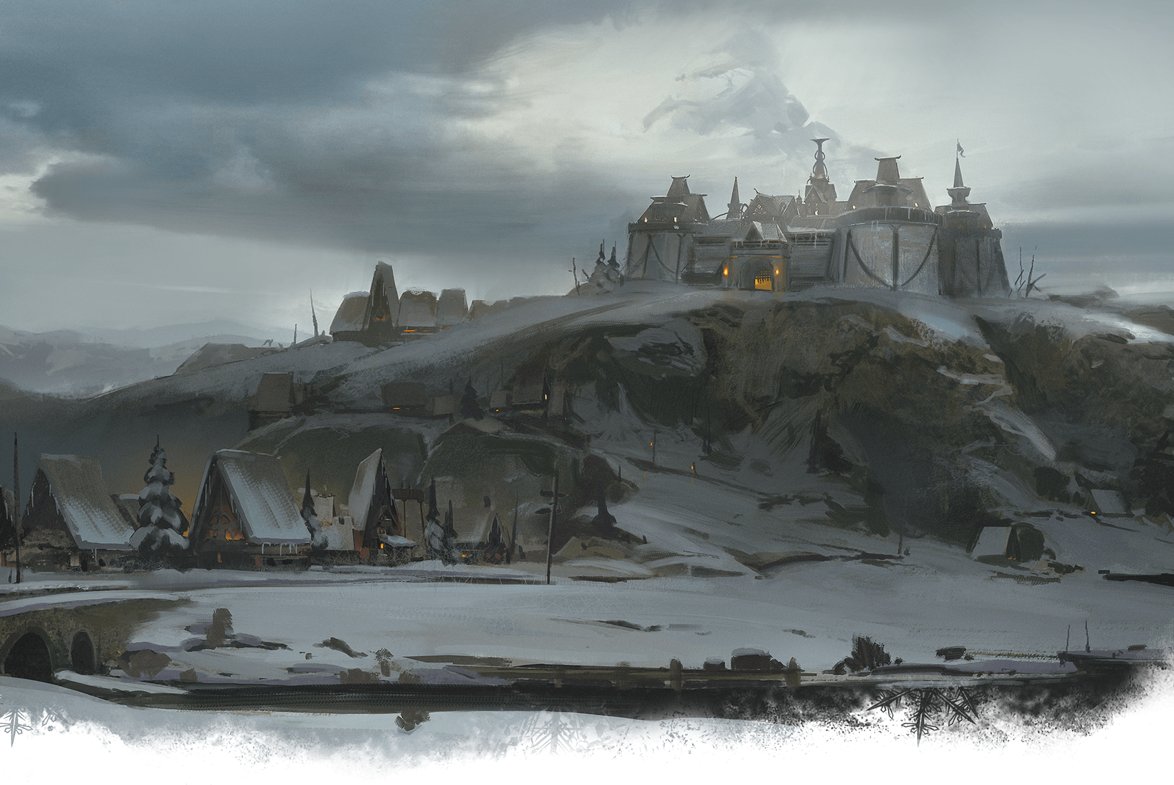 Snowy mountain village with buildings and fortifications under a cloudy sky.