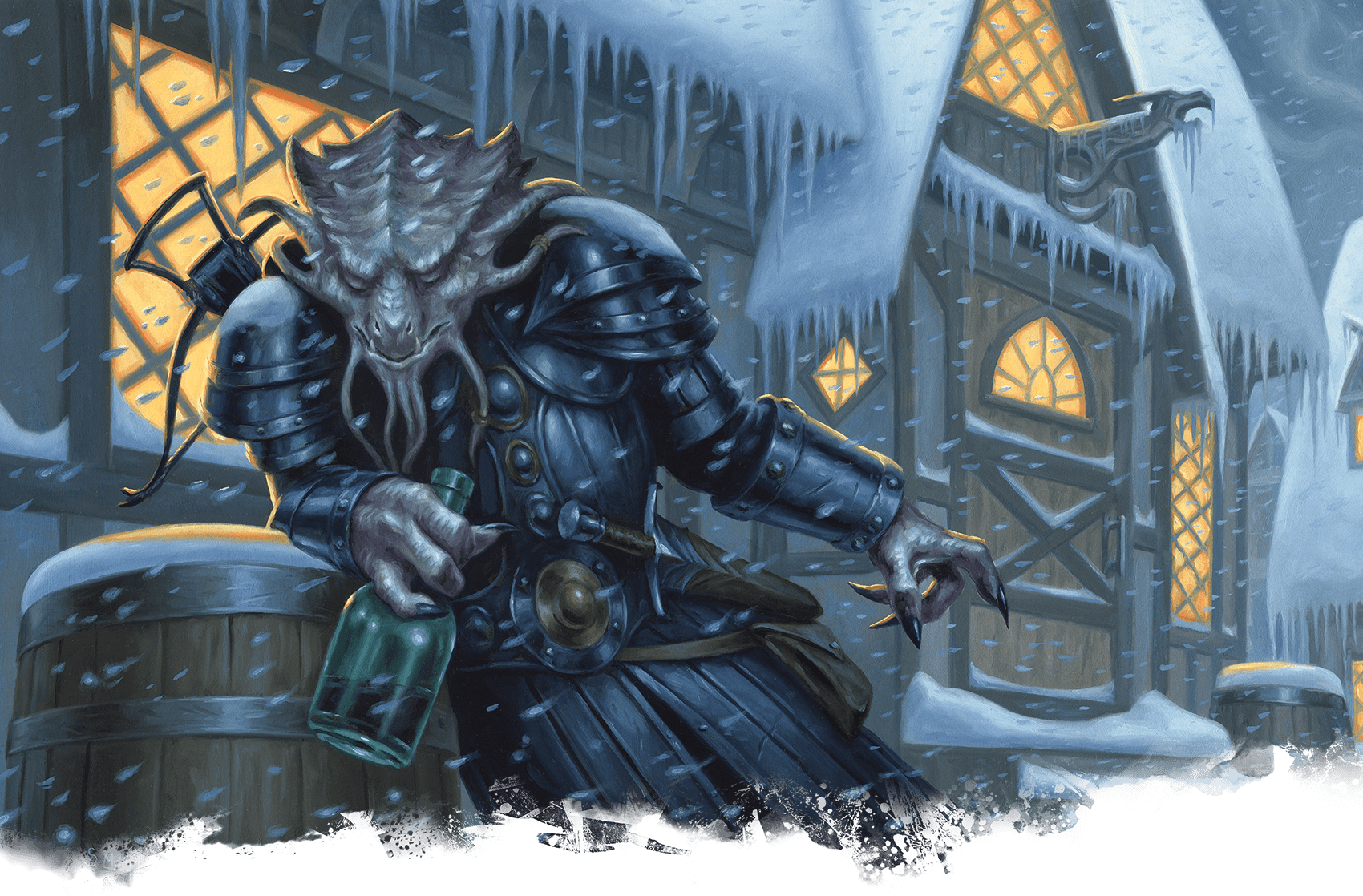 A squid-faced humanoid in dark armor leans against a barrel, holding a bottle outside a snowy building.