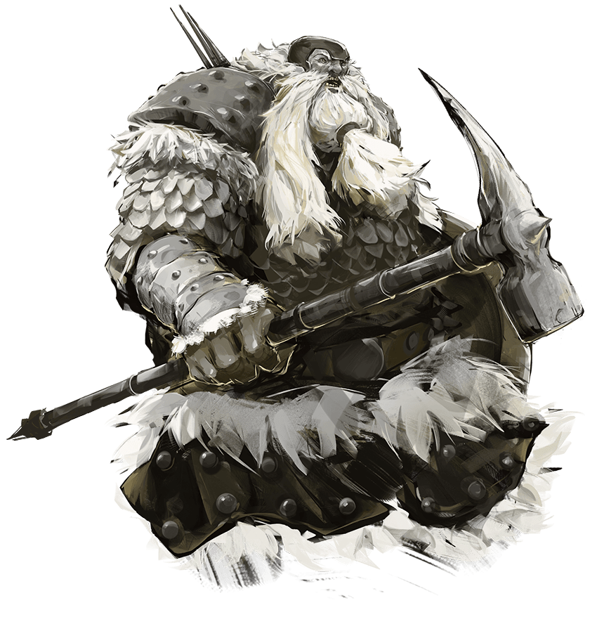 Armored dwarf with a long white beard holds a war hammer, illustration.
