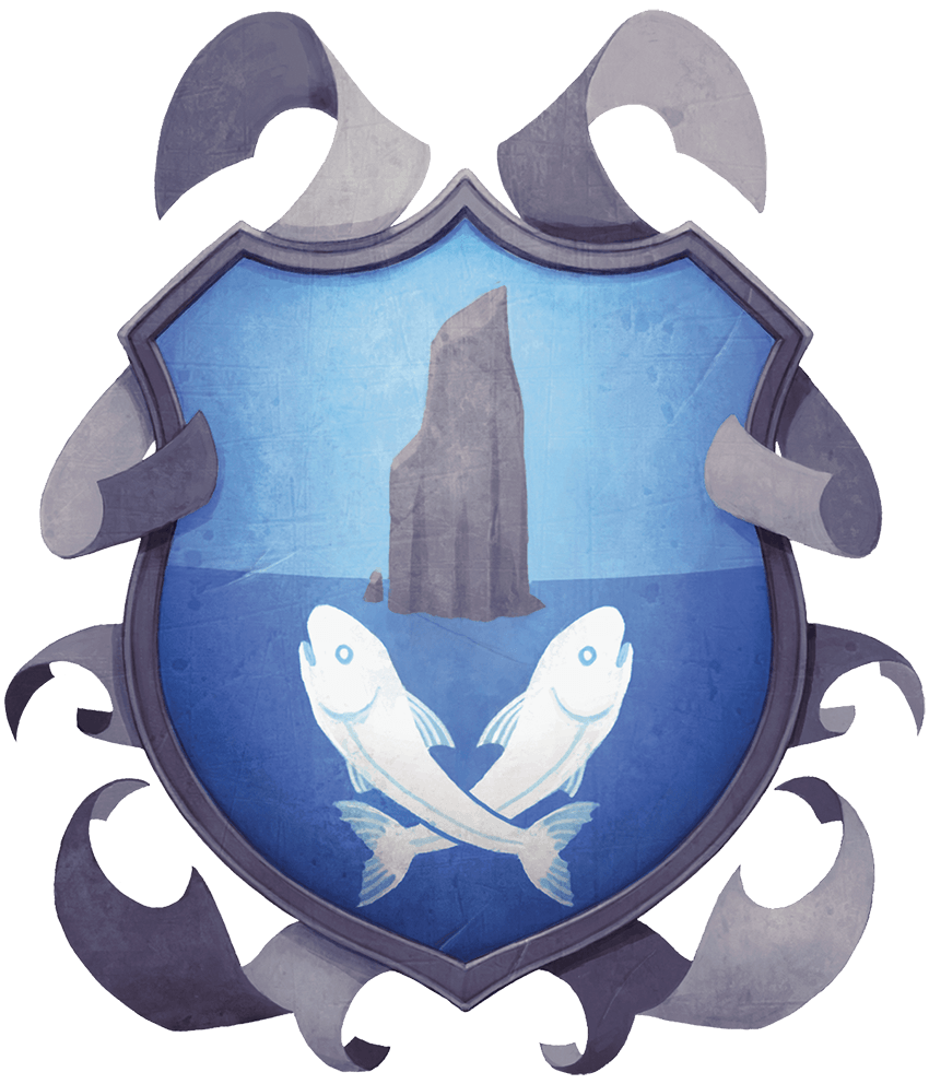 Shield with a tall rock in the sea, and two fish crossing paths, surrounded by ribbon and wave details.