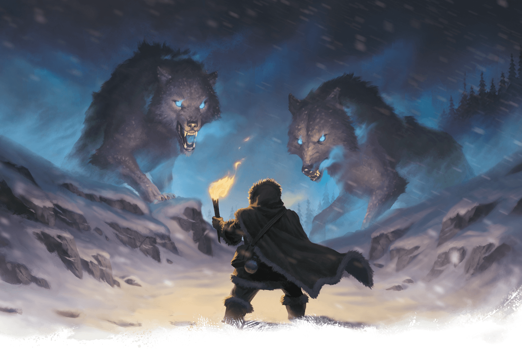 Man facing two large wolves in snowy landscape, holding torch.