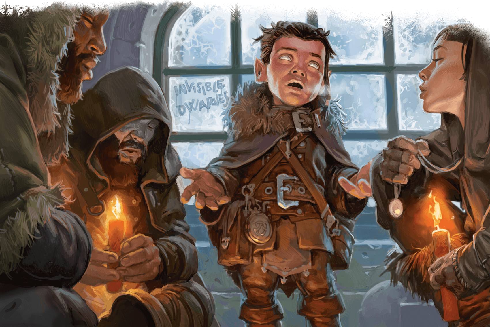 A gnome in winter clothes stares blankly at a group of hooded figures, illuminated by candlelight.