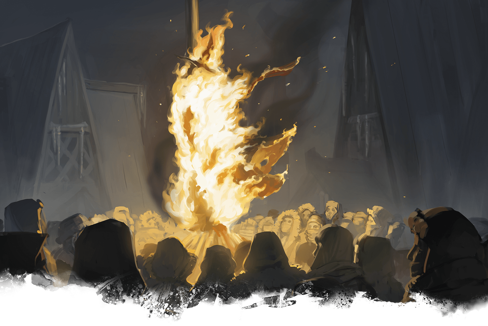A bonfire burns brightly, illuminating a crowd of silhouetted figures in a dark, outdoor setting.