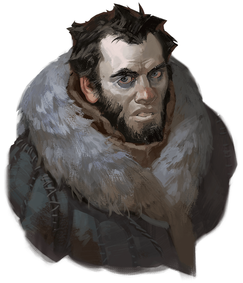 Man with dark hair, beard, wearing a fur-lined coat, looking sternly at the viewer.