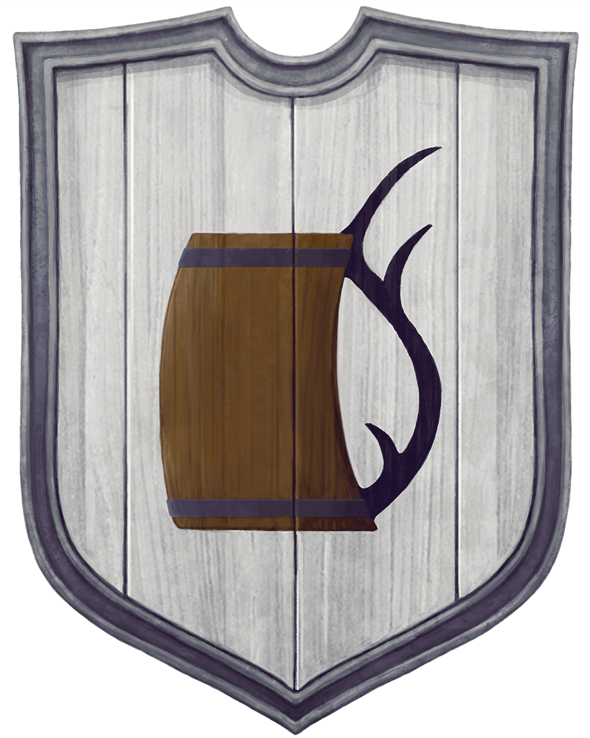 Shield with brown beer mug and dark purple handle on a light wood background.