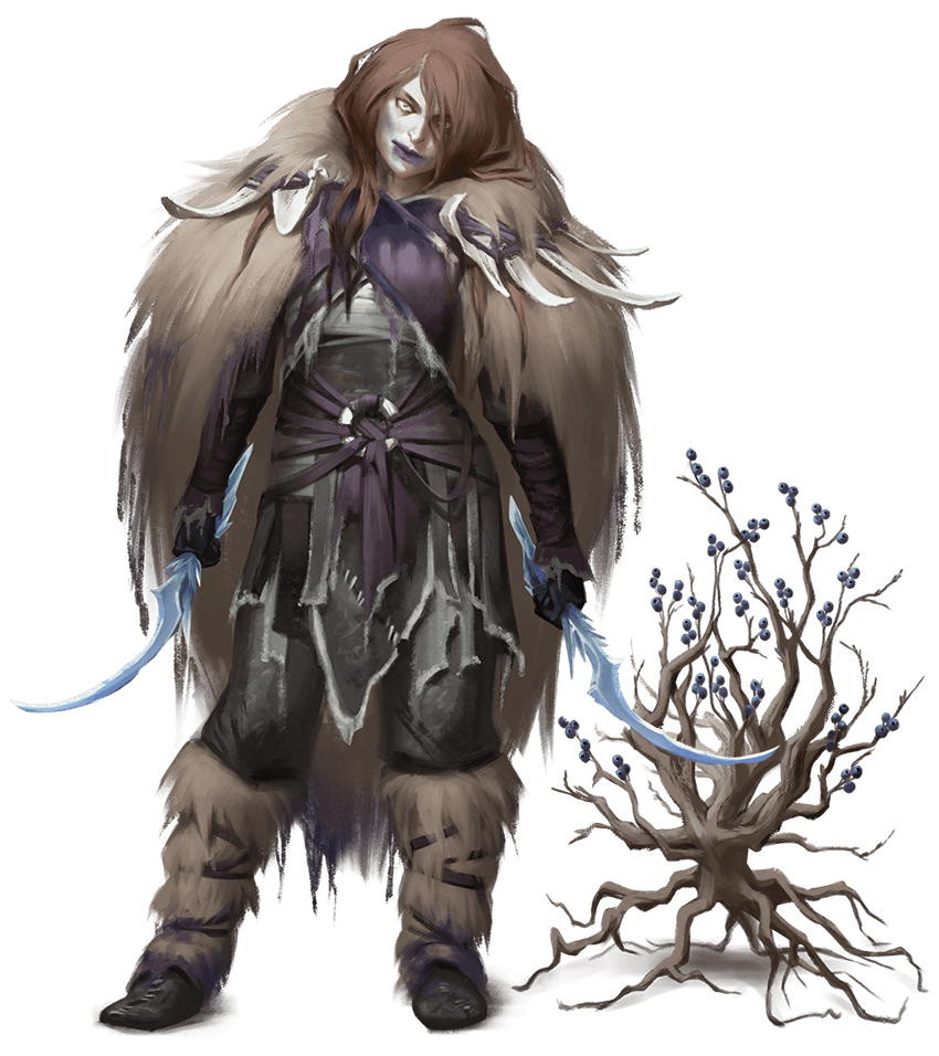 A cloaked figure with icy blades, fur-lined armor, and a twisted berry bush.