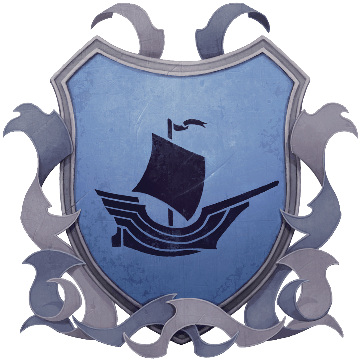 Blue shield with a black sailing ship, surrounded by stylized, wave-like embellishments.