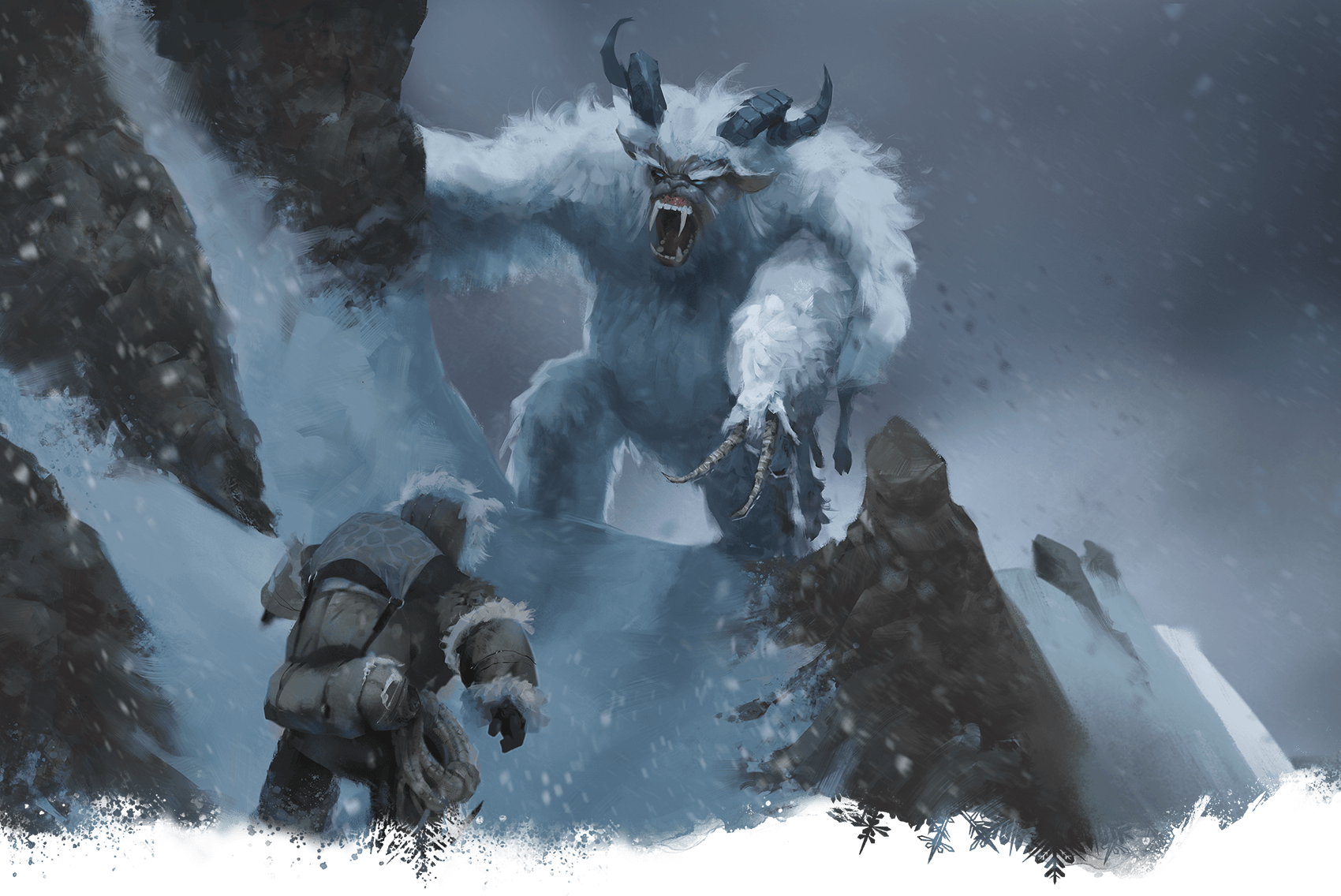 A hairy, horned Yeti attacks a person in a snowy mountain landscape.