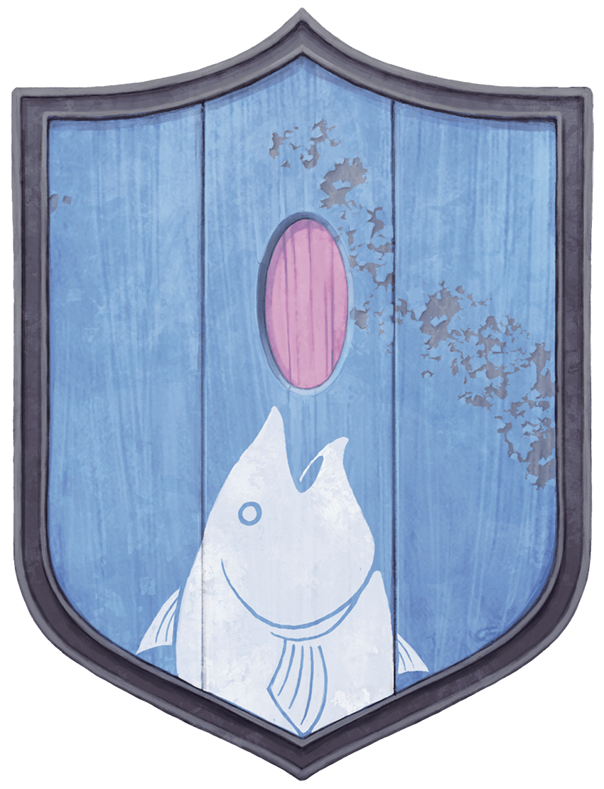 Shield with a blue background, a white fish opening its mouth to catch a pink oval.