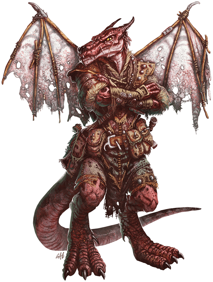 Red-scaled dragon in tattered armor, wings spread, holding arms crossed; rugged, menacing expression.