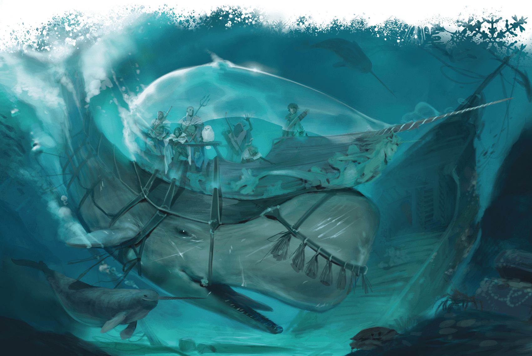 A whale-drawn underwater vessel with a transparent bubble, crewed by people, navigating the ocean.