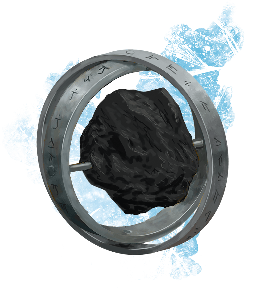 A dark, rough stone rotates within a silver infinity symbol, inscribed with text.