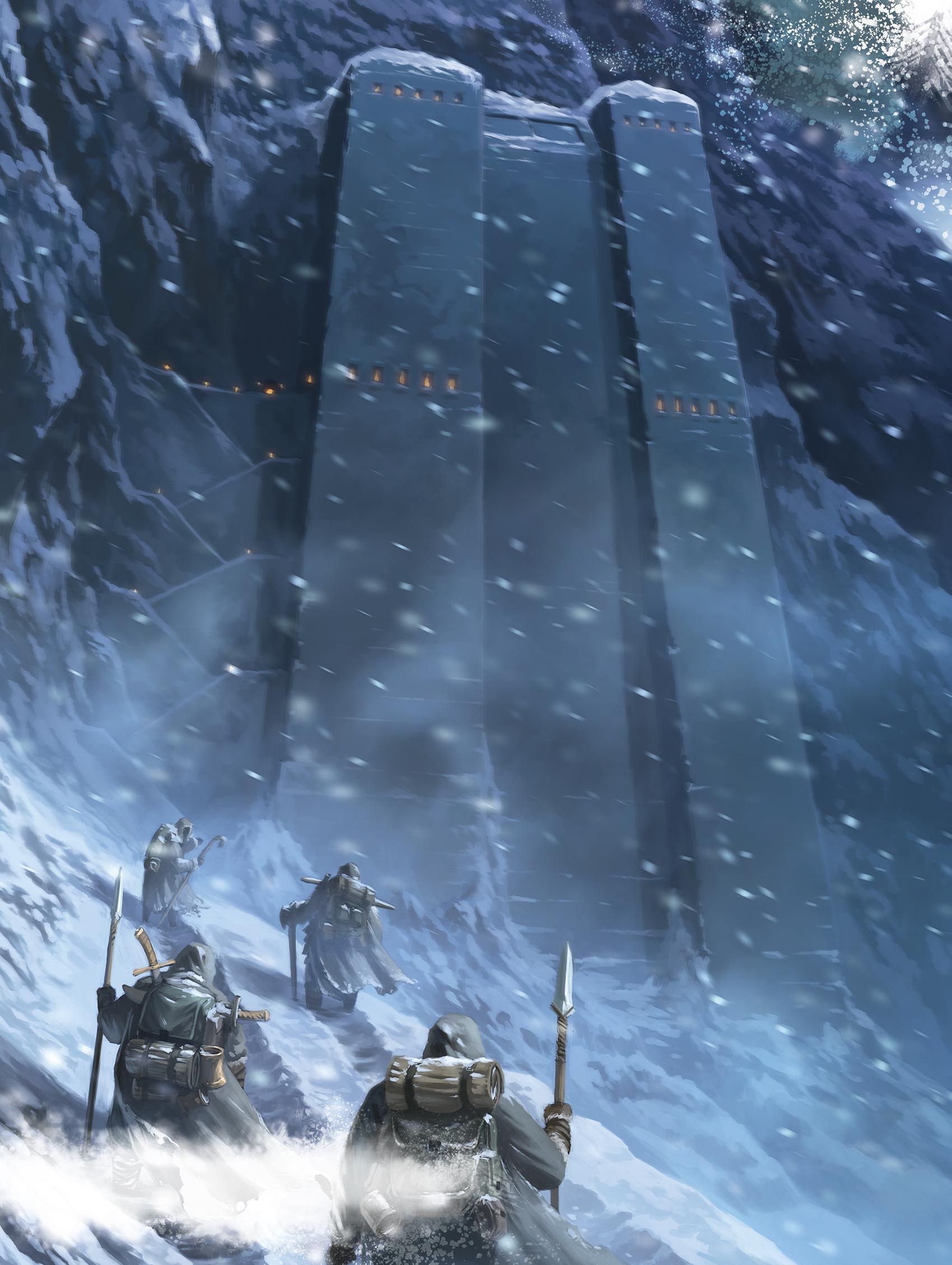 Explorers ascend a snowy mountain toward massive, dark stone monoliths. Blizzard conditions.