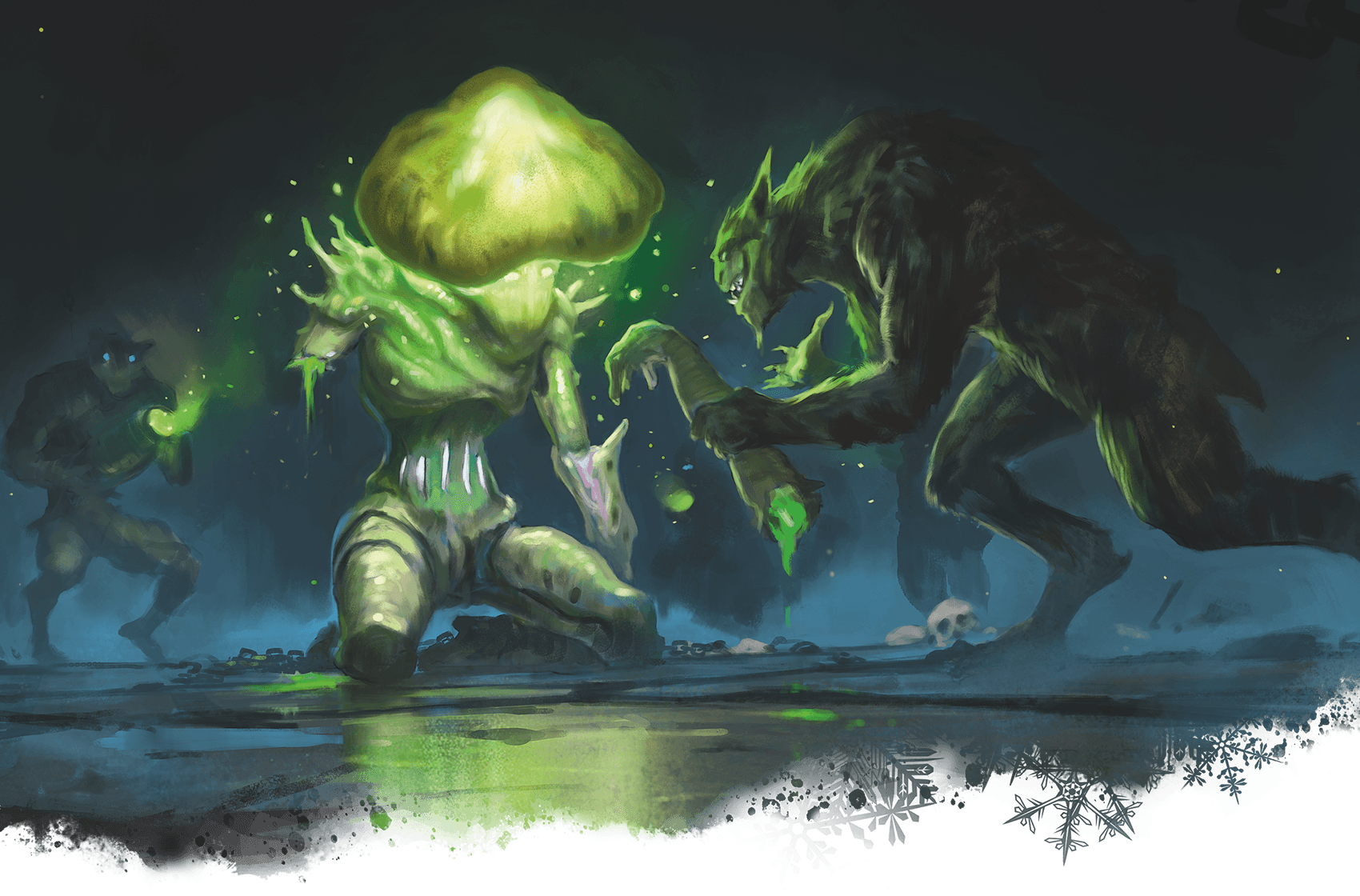 Glowing mushroom humanoid kneels as others, also glowing, surround it in a dark, damp cave.