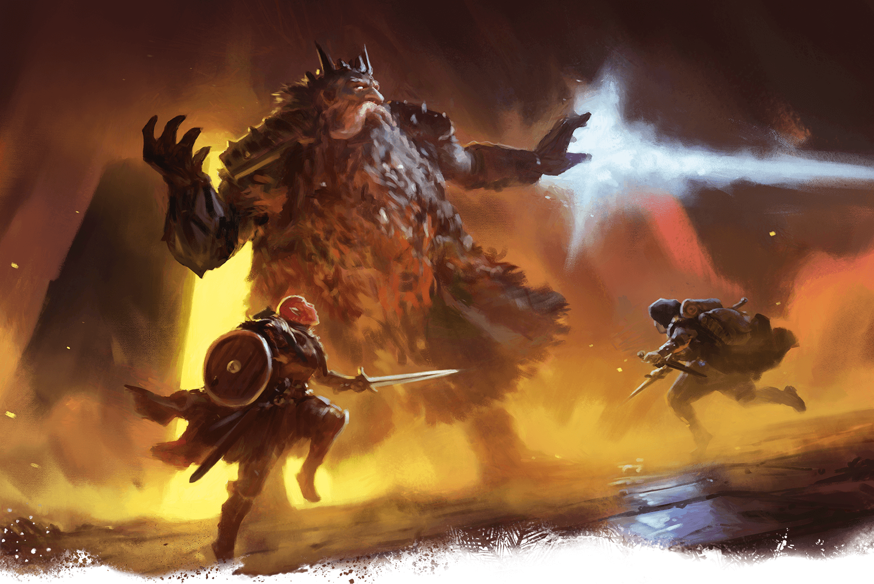 A giant creature blasts energy at fleeing figures with sword and shield in a cavern.