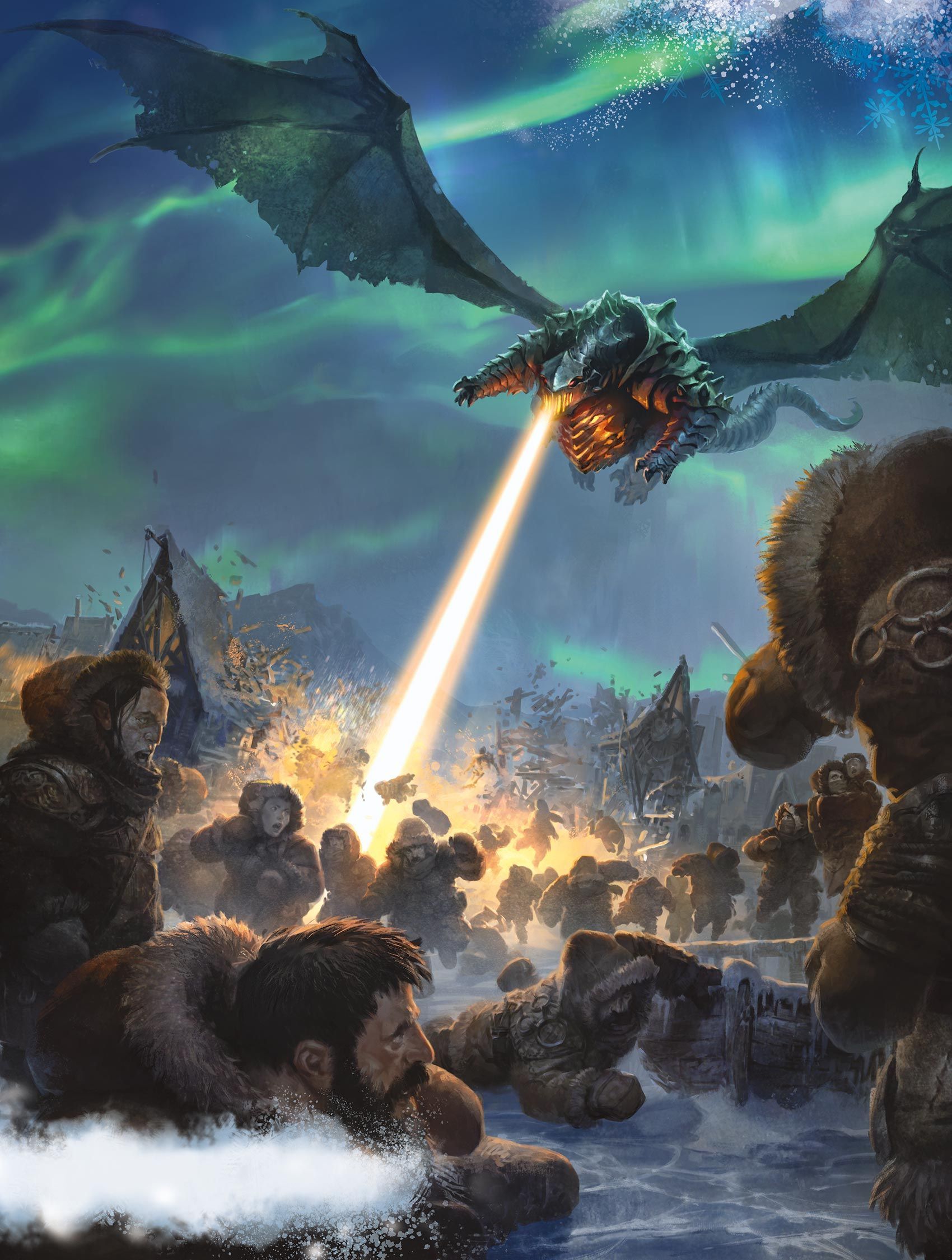 Dragon blasts a beam of fire at a crowd of figures near an icy shoreline, northern lights in the sky.