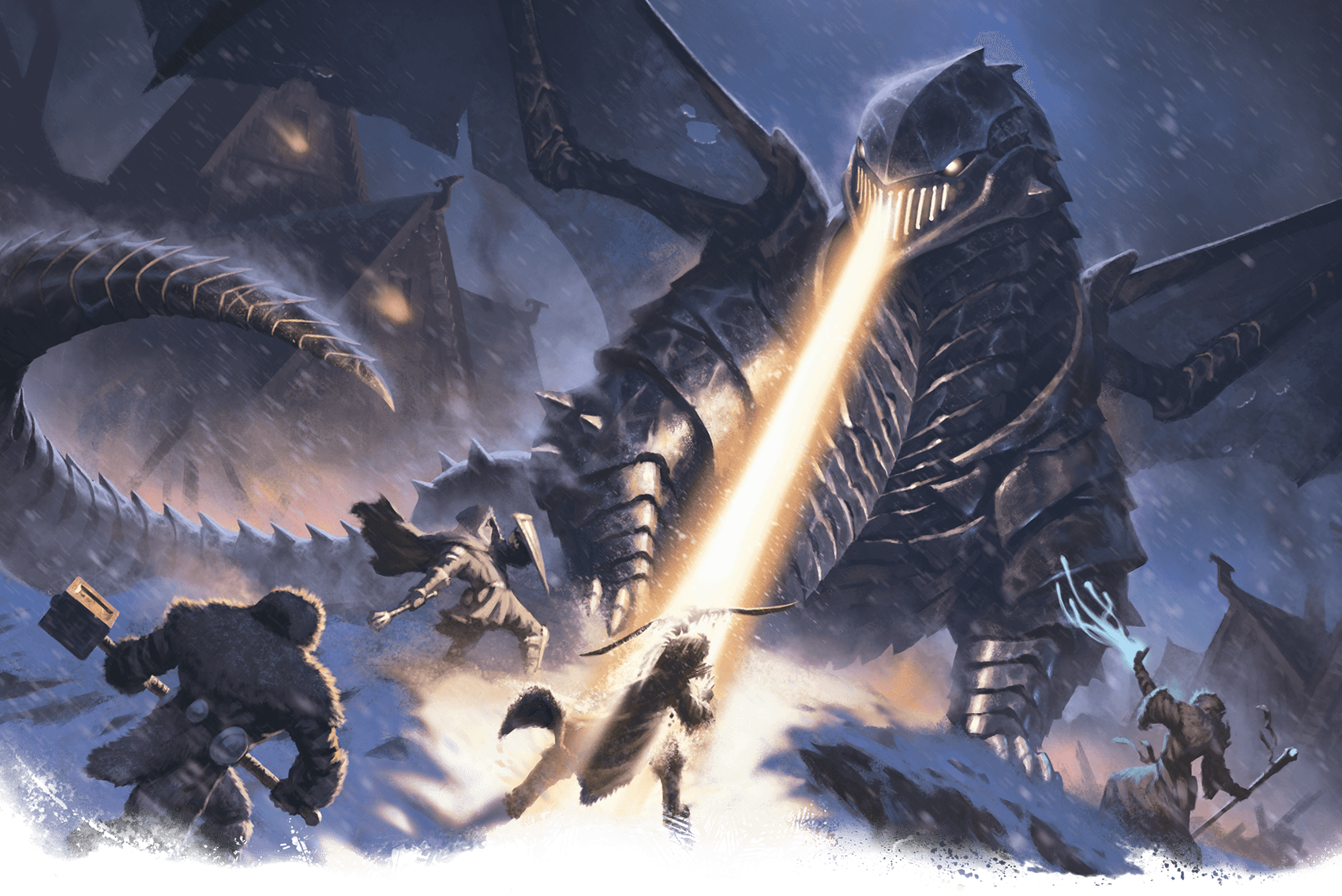 Dragon breathes fire at a group of adventurers in a snowy landscape.