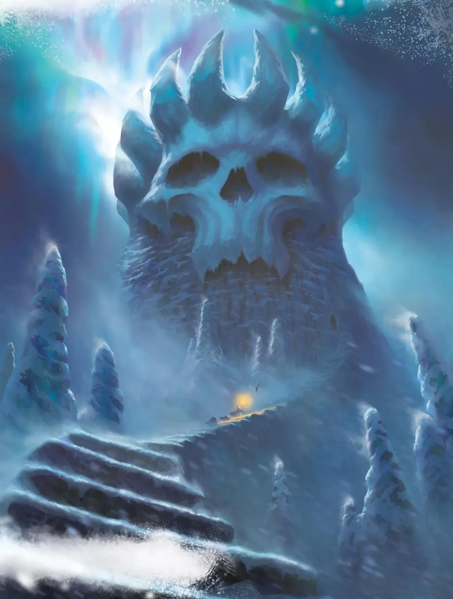Frozen skull-shaped fortress in a snowy landscape, with stairs leading to a glowing entryway.