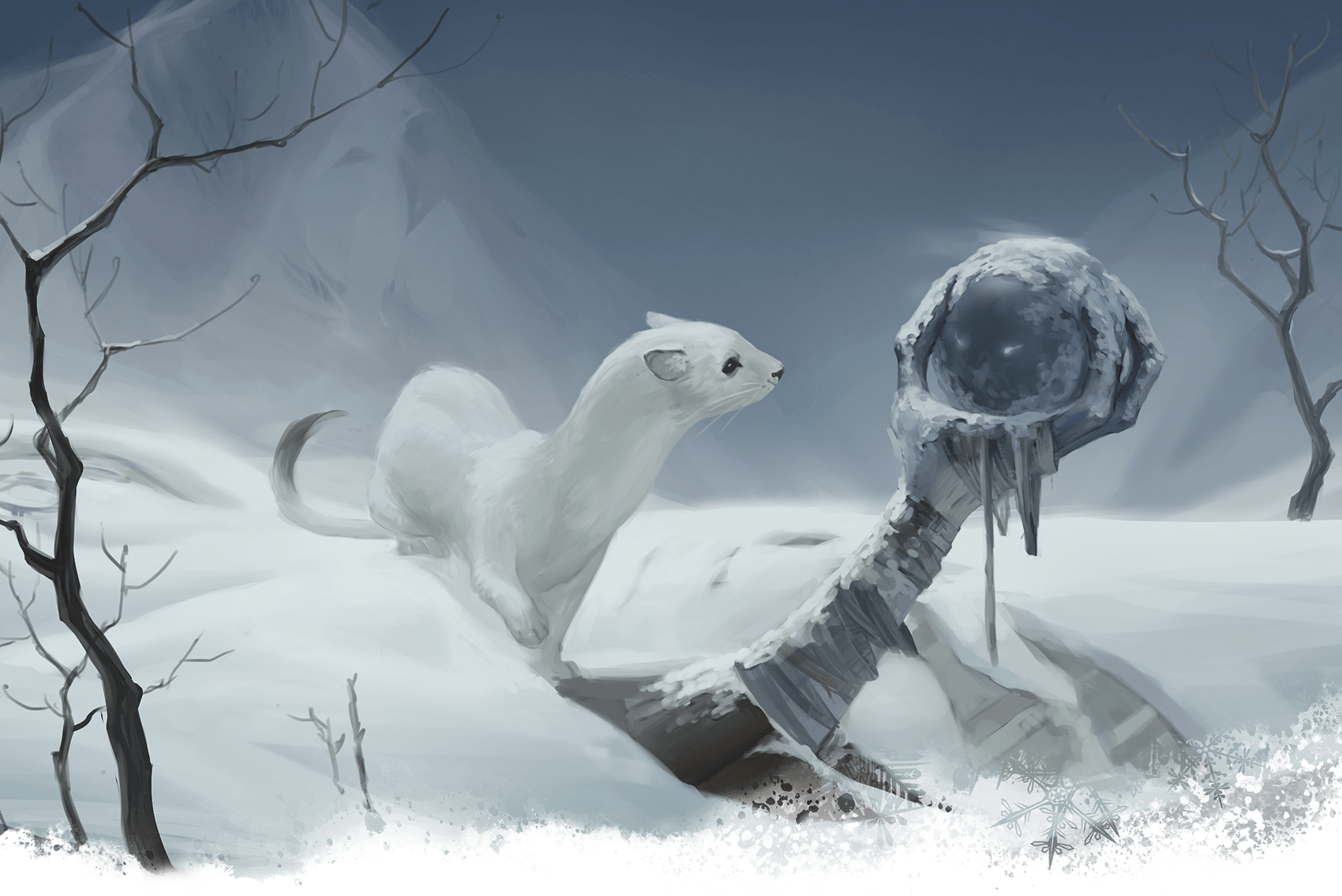 Ermine in winter landscape, standing near a frozen, icy object. Snowy setting, bare trees.
