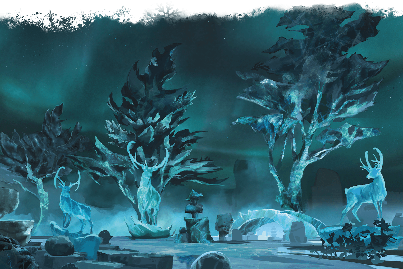 Frozen forest scene with ghostly deer and trees in an ethereal, blue-tinged landscape.