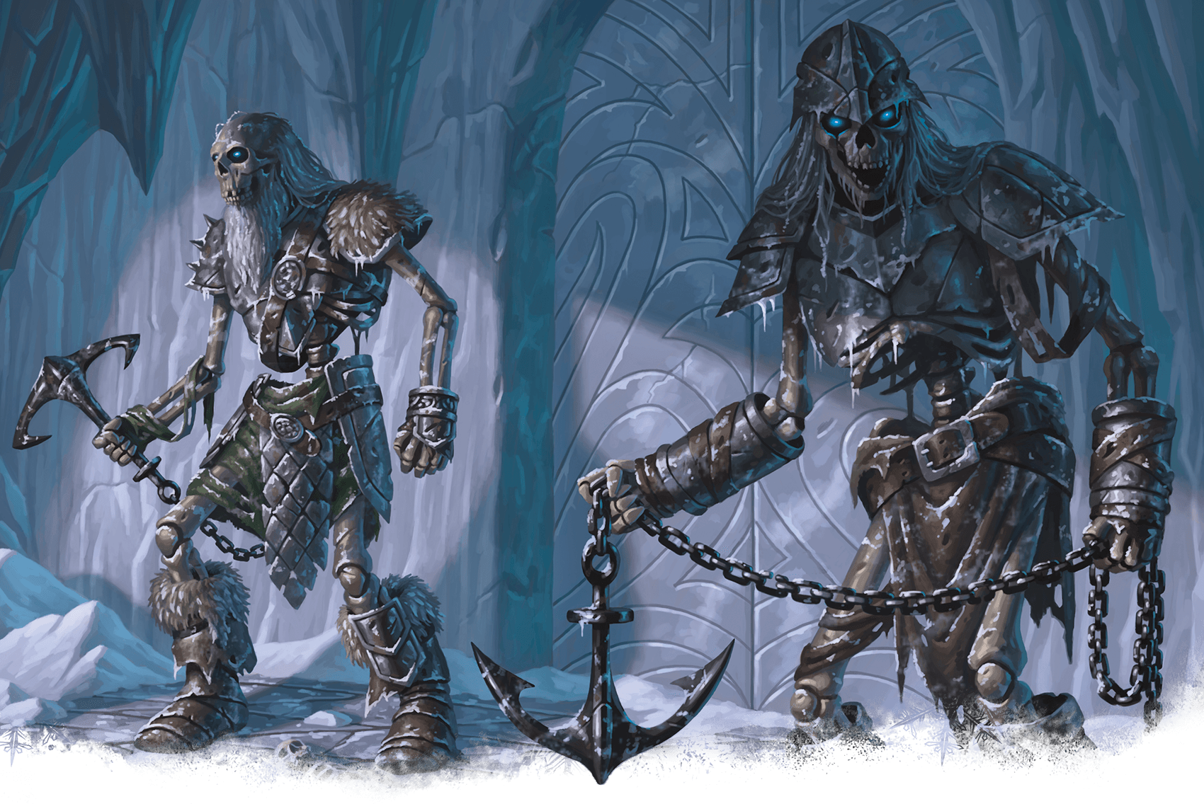 Two skeletal figures, armored and chained, with glowing blue eyes, stand in a snowy cave.