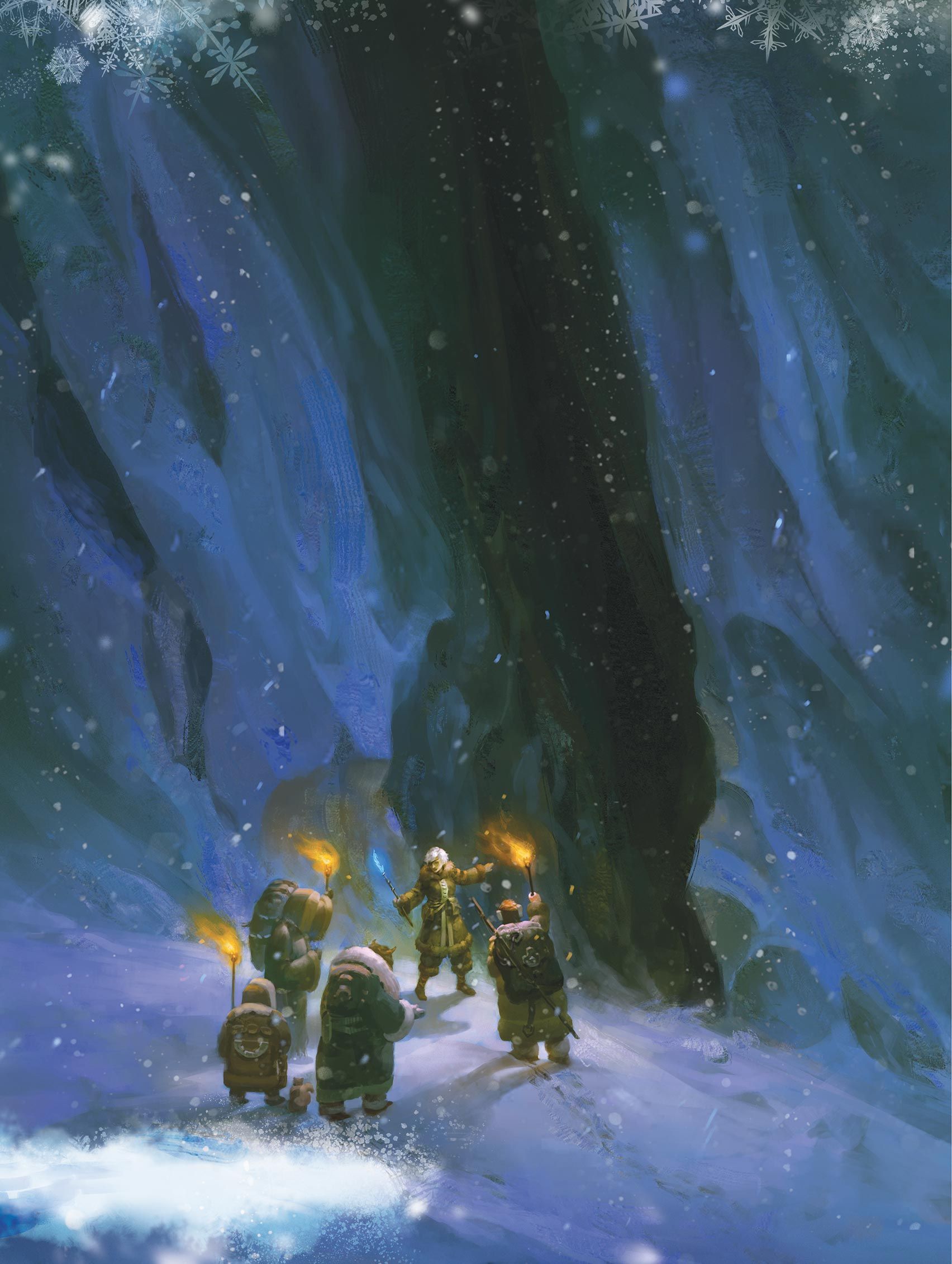 Group of explorers, lit by torches, enter a snowy, dark cave.
