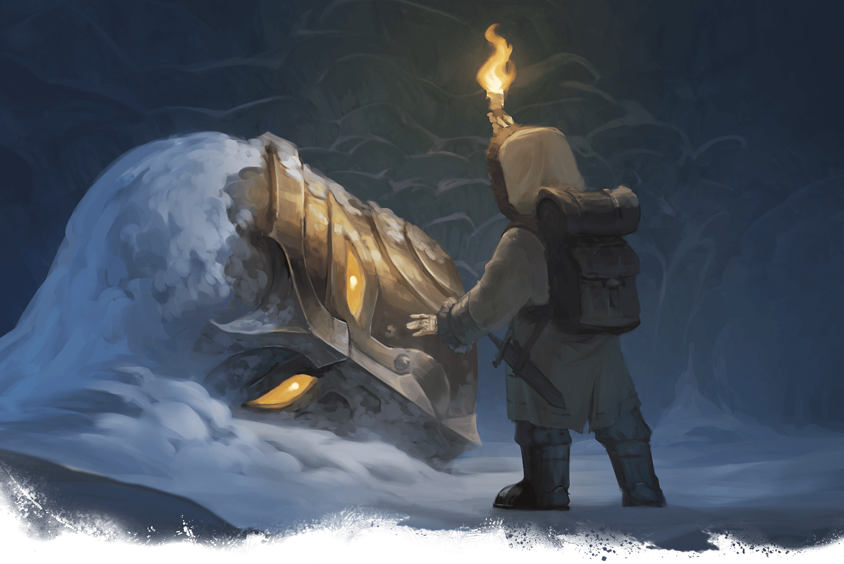 Person with a torch examines a partly snow-covered, golden-eyed, metal creature's head in a snowy cave.