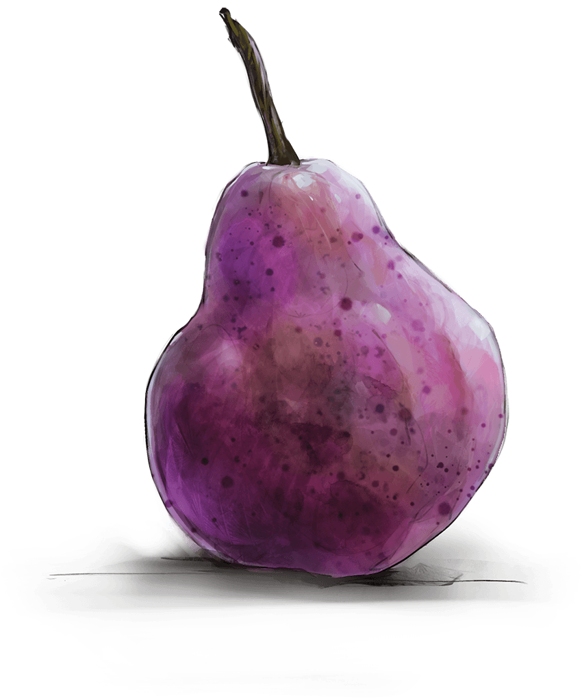 Purple pear, standing upright, with a dark brown stem, and a slight shadow beneath it.