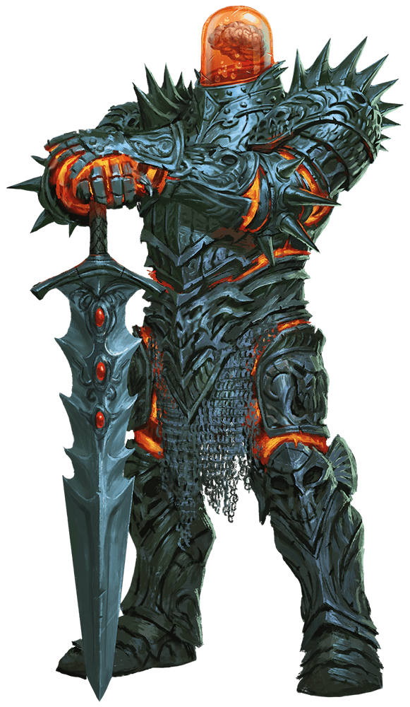 Fiery knight in black armor with spiky details, holding a large sword.