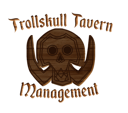 Logo for Trollskull Tavern Management, featuring a wooden skull with tusks and text.