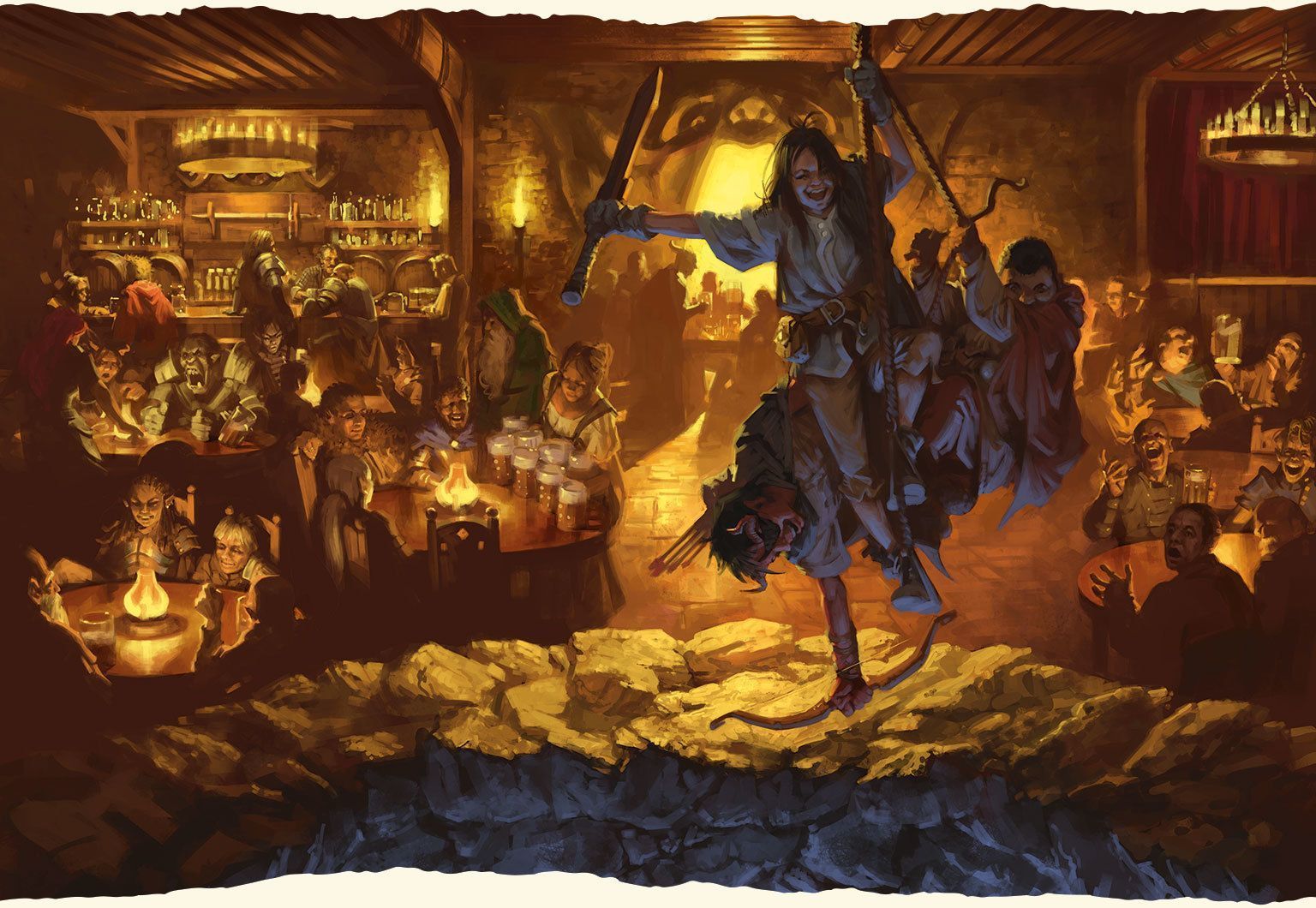 A man wielding swords rides a creature on a stage in a tavern as a crowd watches.