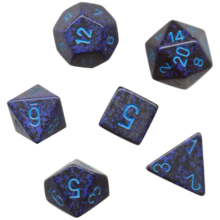 Set of six blue-and-black speckled polyhedral dice, including D4, D6, D8, D10, D12, and D20.