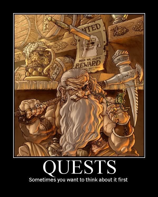 Buff dwarf, with beard, poses near wanted poster, weapons, and treasure.