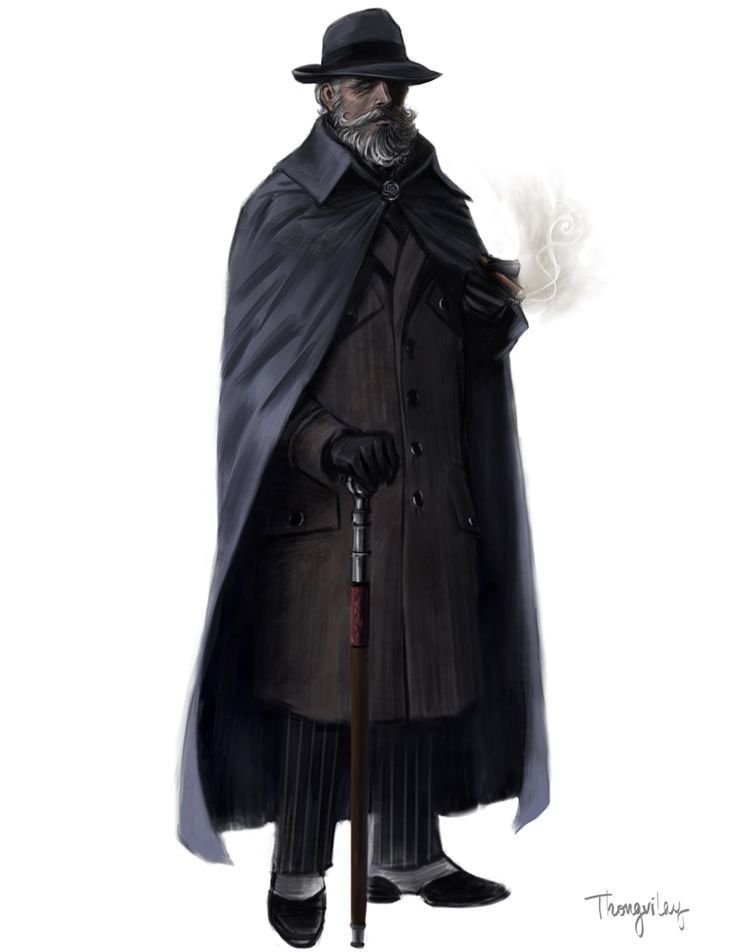 Elderly man in dark coat and hat, holding cane and feather, with a serious expression.