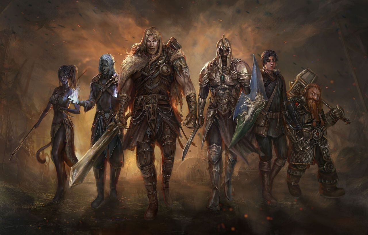 Group of fantasy warriors walking forward, clad in armor, against an ominous, fiery background.