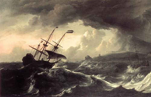 Ship tossed in a stormy sea, dark clouds overhead, white waves crashing.