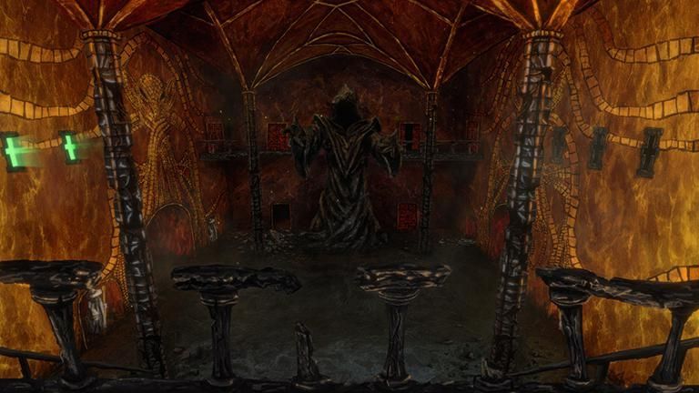 Dark, gothic scene: a robed figure stands before a throne, with platforms and a fiery glow.