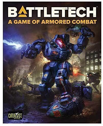 BattleTech game box art: a blue mech raises its arm in a city battle, surrounded by explosions and other mechs.