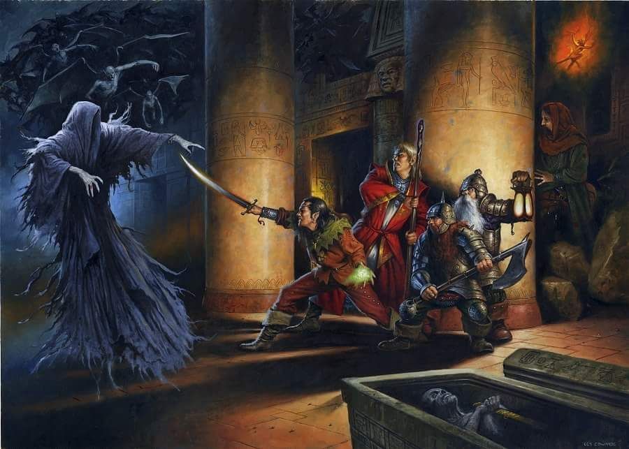 A robed undead figure attacks a group of adventurers in a crypt, with coffins and torchlight.