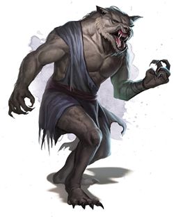 Werewolf with gray fur, tearing clothes, baring teeth.