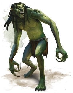 Green-skinned troll with long arms and claws, in a crouched pose, wearing a loincloth, with dreadlocks.