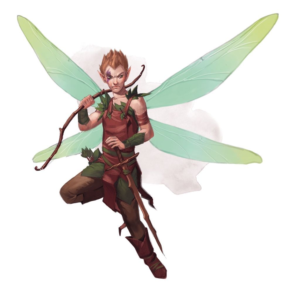 A young fairy with a bow and arrow, brown hair, green wings, wearing red and green clothing.