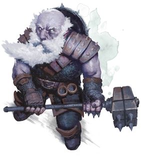 Dwarven warrior with a large spiked hammer and shield, pale skin, white beard, and leather armor.