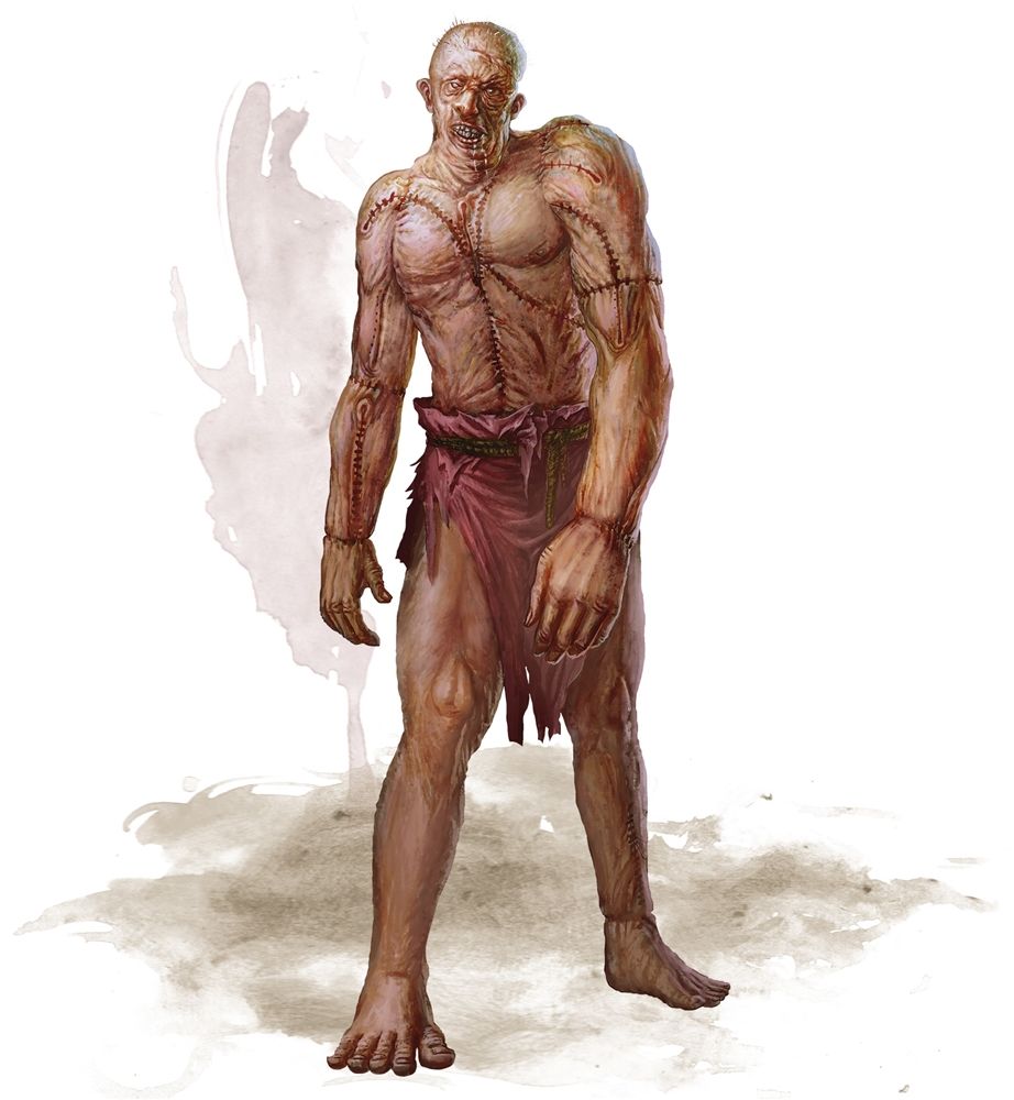 A humanoid zombie-like creature, pale skin stitched together, stands with bare feet and a loincloth.