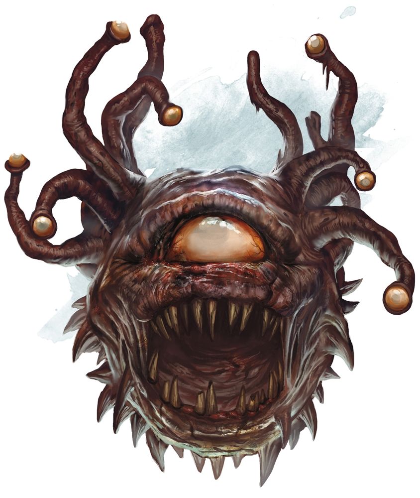 A menacing, floating creature with a large central eye, multiple eyestalks, and a gaping, tooth-filled mouth.